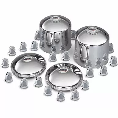 19.5 Inch 304L Stainless Gear Nut Kit W/ 2 Baby Moons, 2 High Hats, 32 Lug Nut Covers For Medium Duty Trucks For Chevrolet Silverado 4500HD, 5500HD, 6500HD