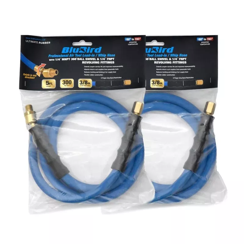 BluBird Rubber Air Hose Whip / Snubber 3/8" X 5'- 3/8" Male-NPT, 300 PSI, EPDM, 2 Pack BBSR3805-2pk