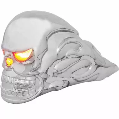 Flame Skull Hood Ornament Chrome W/ Amber Lighted Eyes